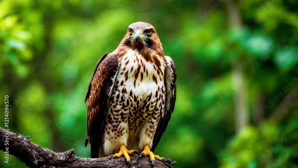 Majestic Brown Hawk Perched on Wooden Post in Natural Background Majestic Brown Hawk Perched on Wooden Post in Natural Background