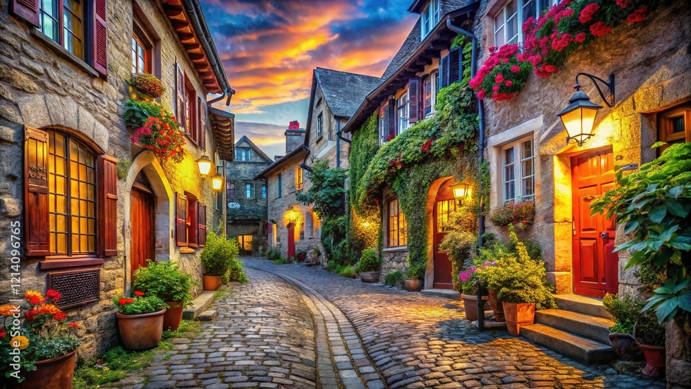 Naklejka premium Historic Cobblestone Alley - European Village Architecture