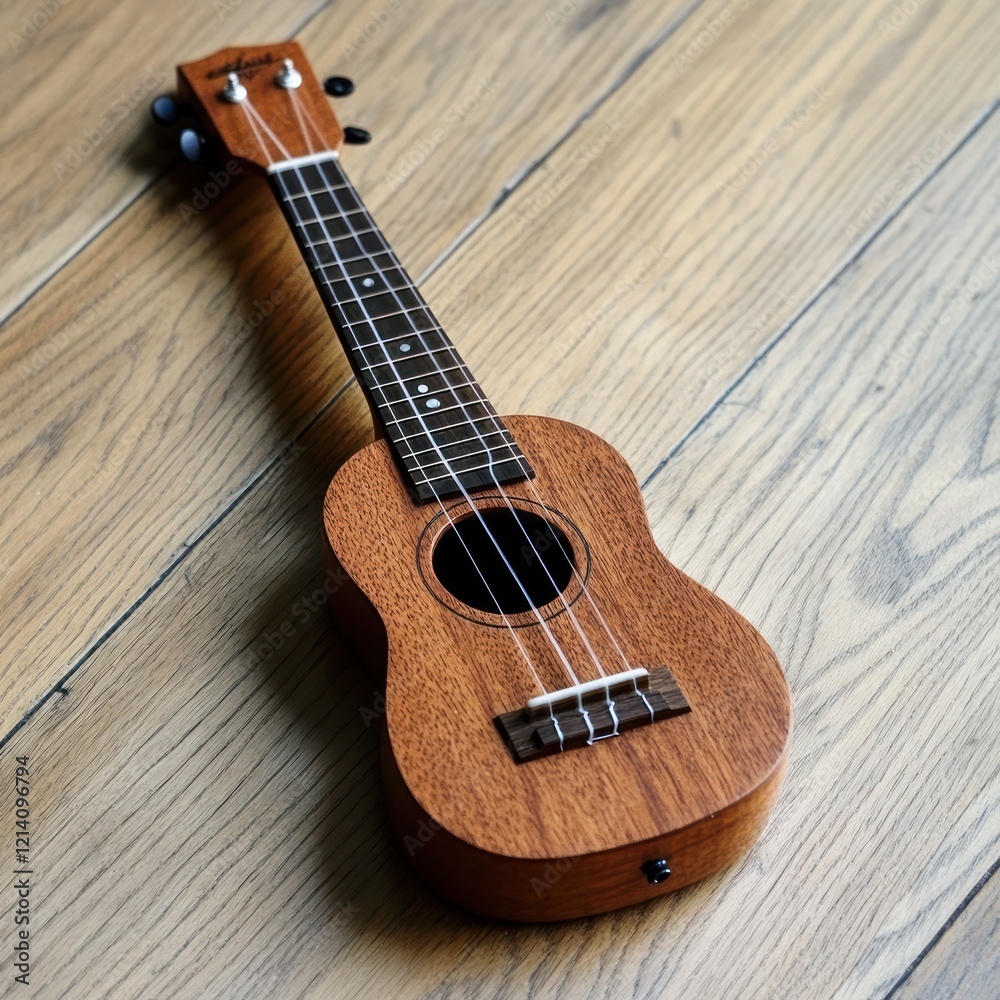 Obraz premium A Wooden Ukulele Rests on a Wooden Floor