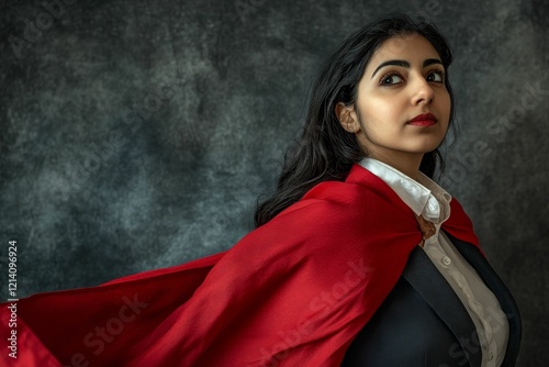 Woman in a red cape looks upwards calmly.