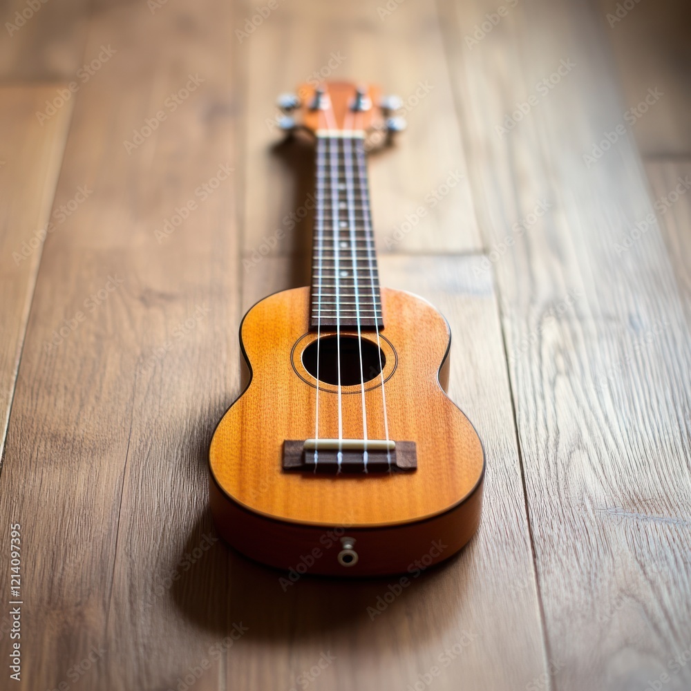 Ukulele rests on a light brown wooden floor Ukulele rests on a light brown wooden floor