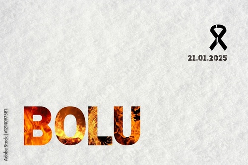 Illustration of Bolu Kartalkaya hotel fire disaster on 21 January 2025 TURKEY snow background with flame details
