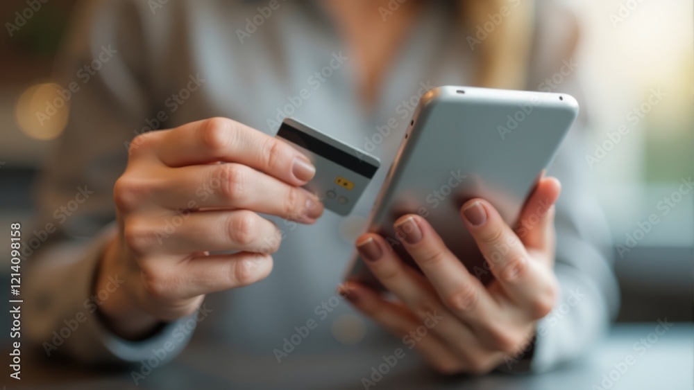 Engaging in online shopping with a smartphone and credit card at a cozy cafe Engaging in online shopping with a smartphone and credit card at a cozy cafe