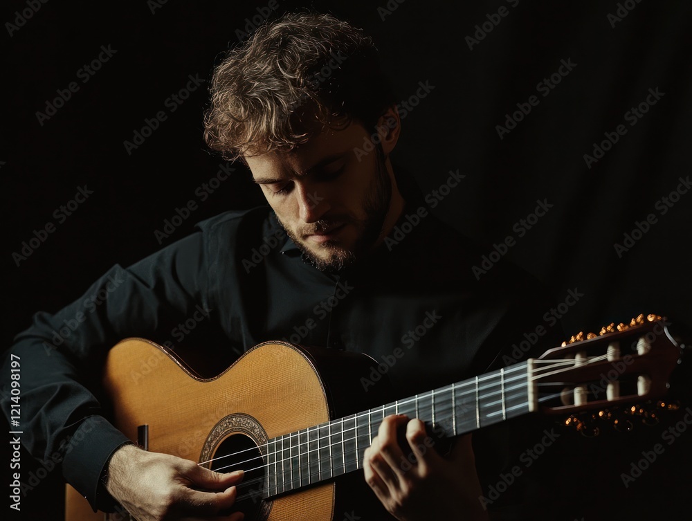 Obraz premium Young Man Playing Classical Guitar In Darkness