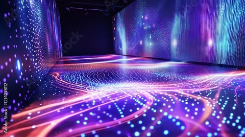 Immersive Digital Art Installation with Flowing Light Patterns on Walls and Floor