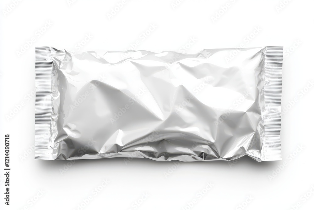 White blank foil packaging bag mockup, front view, isolated on transparent background White blank foil packaging bag mockup, front view, isolated on transparent background