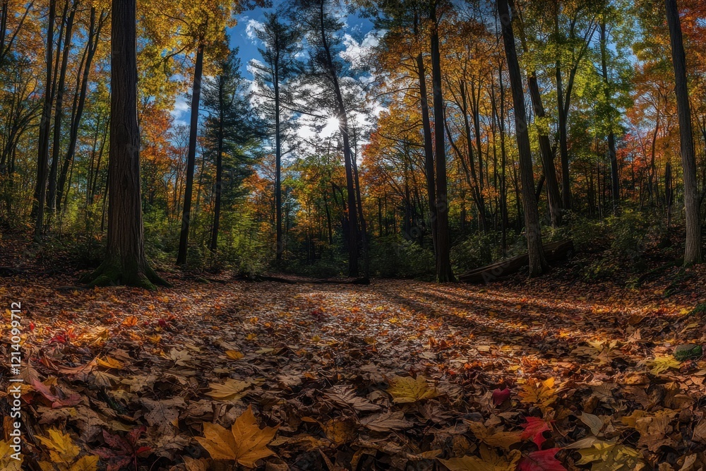 Obraz premium Autumn forest path, sunlight, leaves, nature, fall, scenic, woodland, trail, landscape, panorama