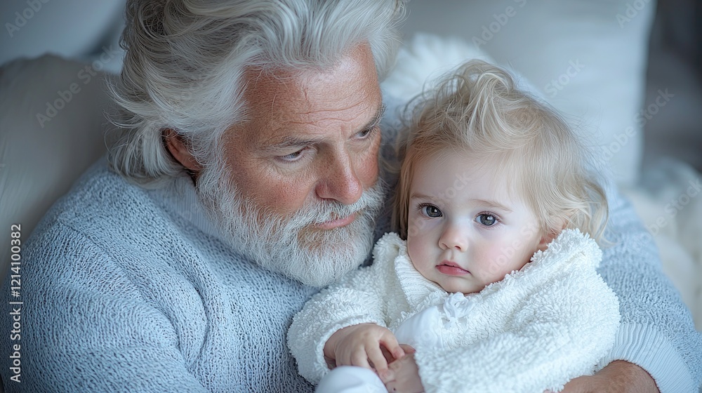 Grandpa lovingly holds granddaughter indoors, near window. Family bonding, love, tenderness Grandpa lovingly holds granddaughter indoors, near window. Family bonding, love, tenderness