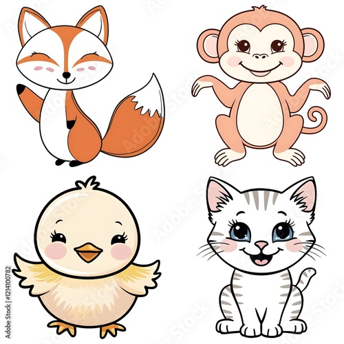 watercolor style fox, monkey, chick and cat vector sticker, PNG, cute poster, PNG bundle, clipart, isolated background