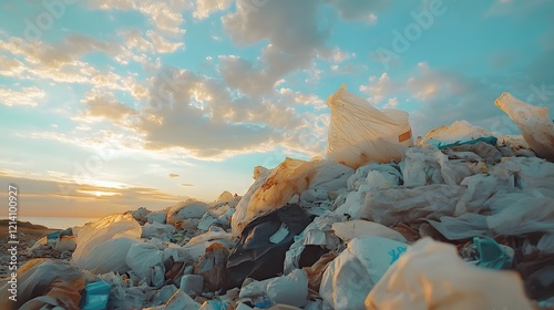 Sunset over a sprawling landfill highlighting waste and environmental concerns