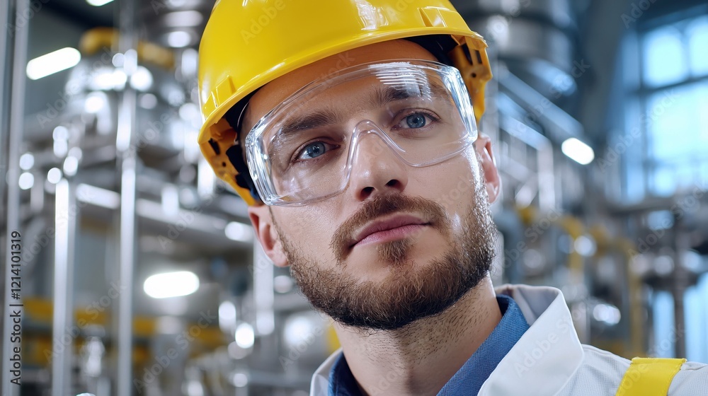 Engineer Wearing Safety Gear in Industrial Setting Close Up with Yellow Hard Hat and Clear Glasses Engineer Wearing Safety Gear in Industrial Setting Close Up with Yellow Hard Hat and Clear Glasses
