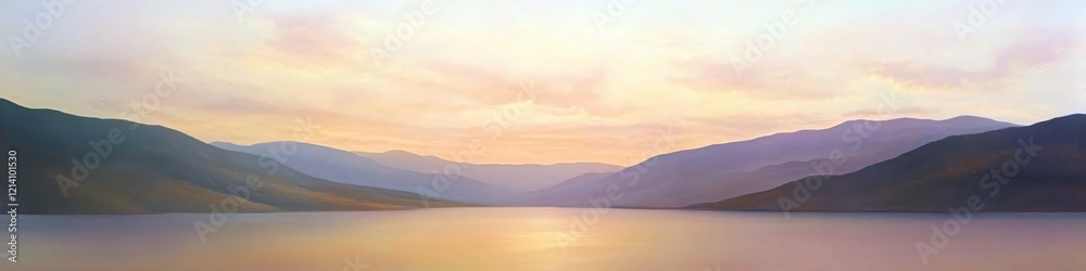 Serene mountain landscape with soft light and calm water at sunset or sunrise painting Serene mountain landscape with soft light and calm water at sunset or sunrise painting