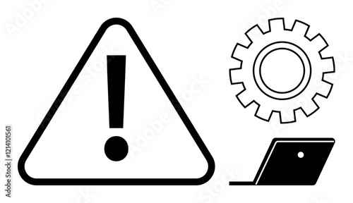 Alert sign with exclamation mark, gear icon, and laptop. Ideal for system updates, technical support, troubleshooting, software issues, IT infrastructure, maintenance services workflow efficiency