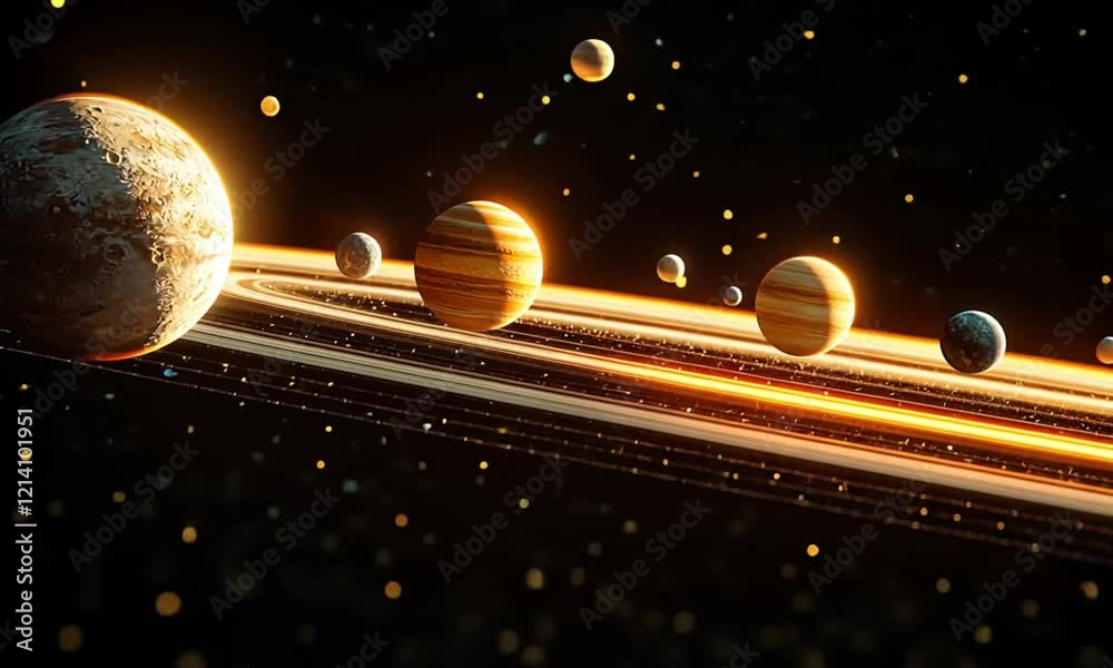 Stunning Planetary System Space Art Golden Rings and Planets