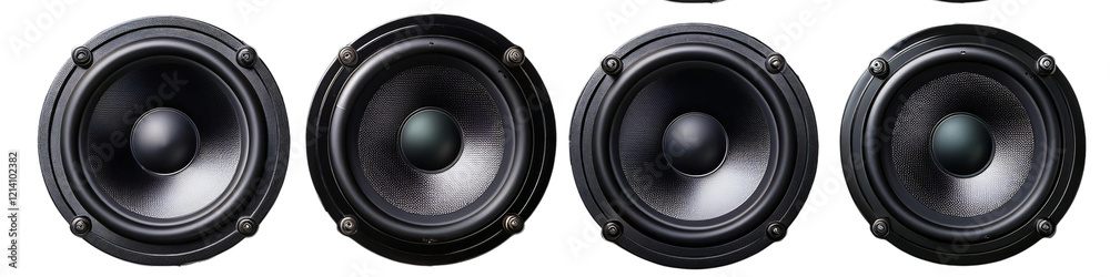Four black round speakers in a row isolated on transparent background Four black round speakers in a row isolated on transparent background