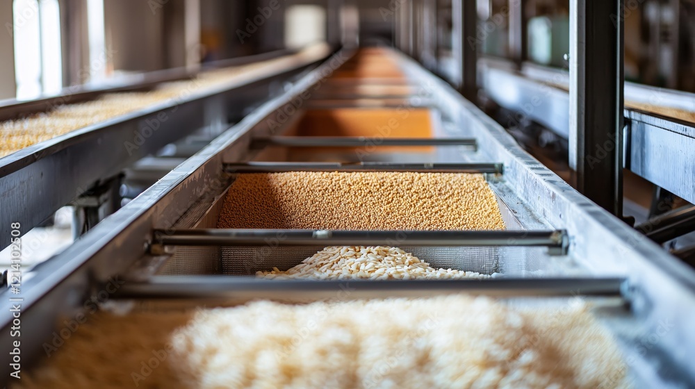 Conveyor belt carrying grain in a factory with blurred background and industrial setting Conveyor belt carrying grain in a factory with blurred background and industrial setting