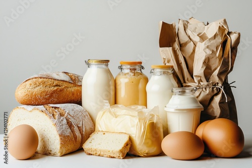Fresh farm products display with bread milk eggs butter and paper bags on a white surface photo