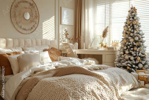 In the bedroom, a Christmas tree is beautifully decorated and centerstage photo