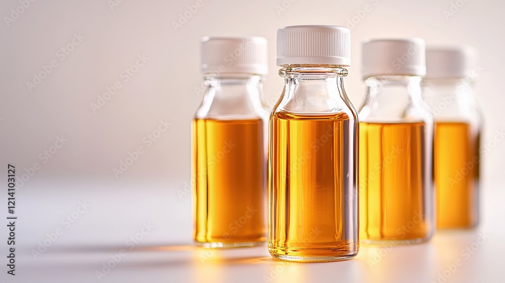 Four glass bottles with amber liquid and white caps on a light background in a studio setting Four glass bottles with amber liquid and white caps on a light background in a studio setting