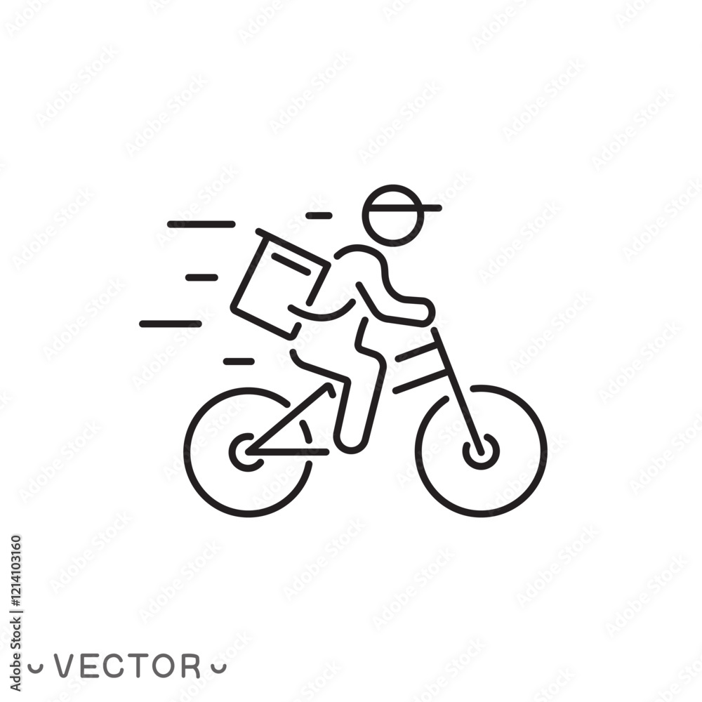 Obraz premium courier on bicycle icon, express delivery in home, thin line symbol concept isolated on white background, editable stroke eps 10 vector illustration