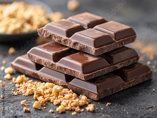 Food photo: chocolate bar with nut crumbs on a gray background.