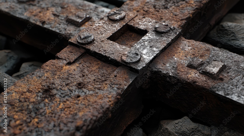Close-up of heavily rusted metal crossbeams, showing texture and detail. Close-up of heavily rusted metal crossbeams, showing texture and detail.
