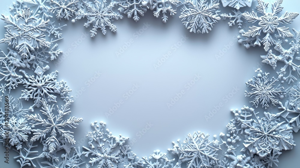 This design presents a winter background, with a snowflake motif, Christmas decoration elements, and a festive border that frames the season This design presents a winter background, with a snowflake motif, Christmas decoration elements, and a festive border that frames the season
