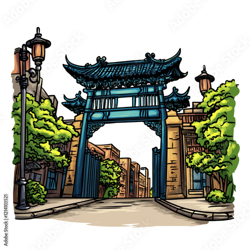 Vector comic hand-drawn illustration of Chinatown gate. Chinatown gate in New York