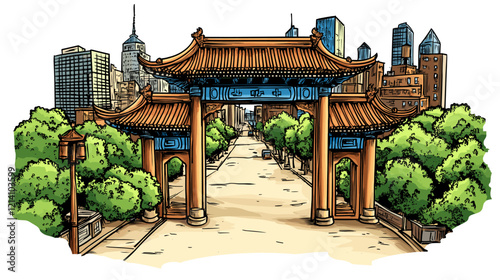 Vector comic hand-drawn illustration of Chinatown gate. Chinatown gate in New York