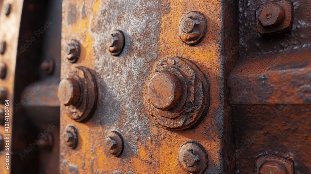 Close-up of heavily rusted metal with visible bolts and nuts. Close-up of heavily rusted metal with visible bolts and nuts.