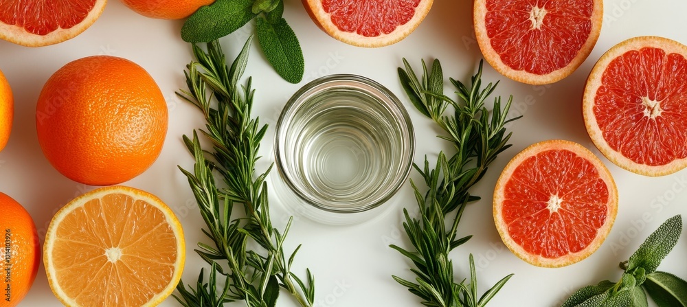 Citrus Refreshment Top View of a Glass of Water, Pitcher, Fresh Oranges, Grapefruits, and Herbs Citrus Refreshment Top View of a Glass of Water, Pitcher, Fresh Oranges, Grapefruits, and Herbs
