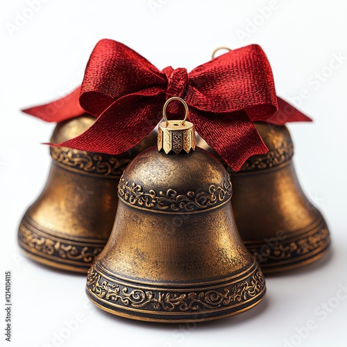 Christmas bells in gold with a red velvet ribbon, isolated on a white transparent background, png element. Suitable for holiday decor and a festive design