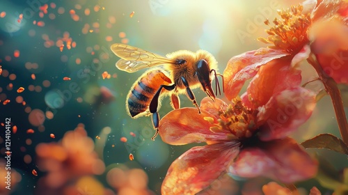bee gathers pollen from a vibrant orange flower, bathed in the warm glow of the golden hour