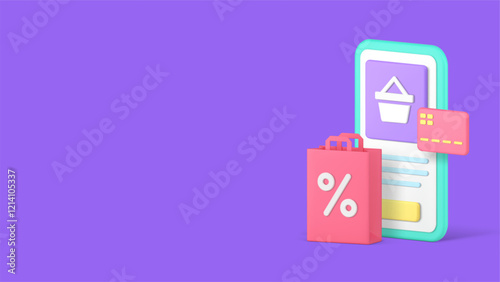 Online shopping marketplace mobile app sale discount banner copy space vector illustration. Supermarket shop store credit debit card payment smartphone application special offer price off e business