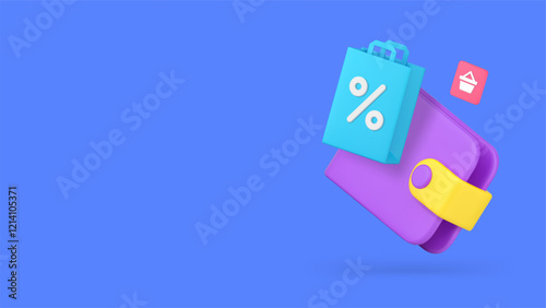 Shopping sale discount wallet payment with cart order banner copy space vector illustration. Store shop supermarket cash paying buy goods purchase commercial business retail financial pay transaction