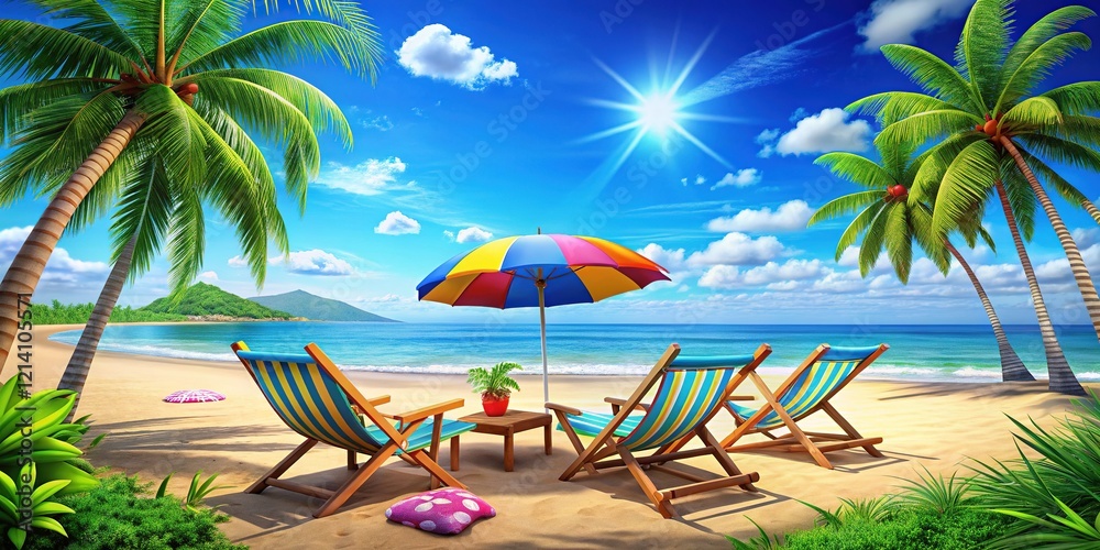 Obraz premium Tropical Beach Scene 3D Cartoon Ocean Deck Chairs
