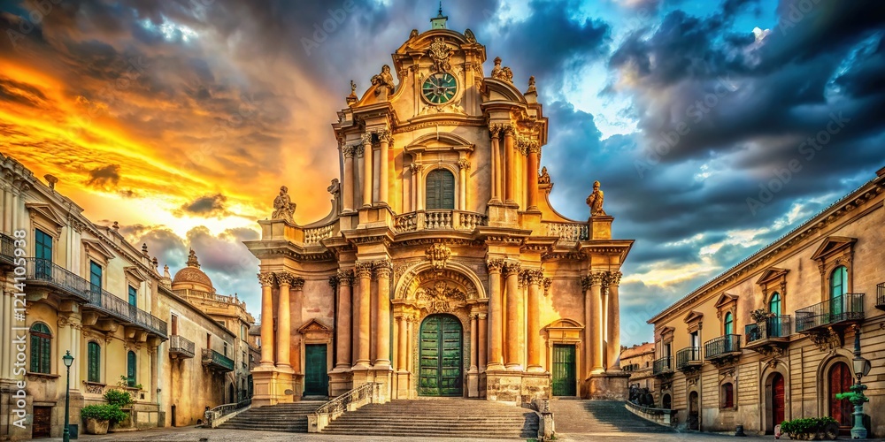 Fototapeta premium Vintage Ragusa Baroque church, Sicily, Italy. AI-enhanced photograph.
