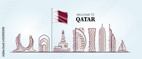 welcome to Qatar flag with famous buildings Qatar landmarks building landmark