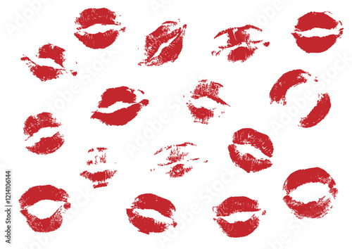 Red lipstick kiss marks pattern on white background. Print of lips kiss vector