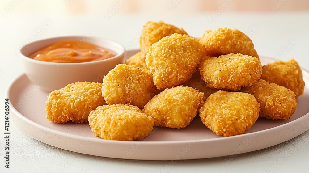 Juicy and crispy chicken nuggets served on a light plate with a side of dipping sauce for a delicious snack Juicy and crispy chicken nuggets served on a light plate with a side of dipping sauce for a delicious snack