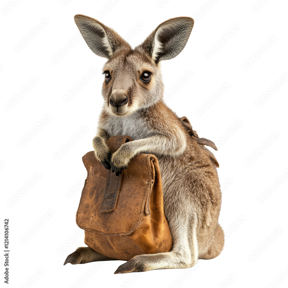 Fototapeta premium Kangaroo with a bag on a transparent background, ideal for educational use