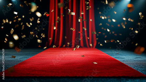 Red Carpet with Falling Gold Confetti and Red Curtain