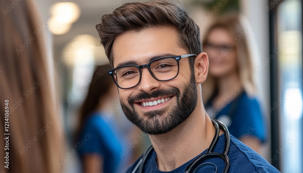 Fototapeta premium Portrait of a Confident Young Male Doctor Smiling in a Hospital, Healthcare Professional