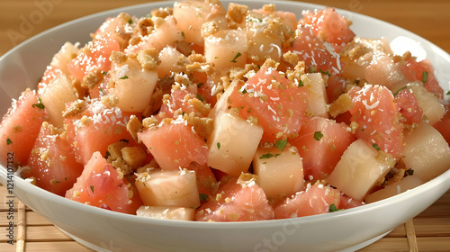 A bowl of diced watermelon and cantaloupe topped with nuts and coconut flakes.