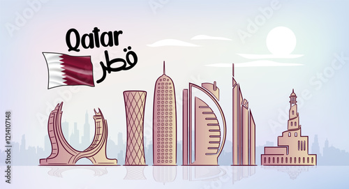 welcome to Qatar flag with famous buildings Qatar landmarks building landmark