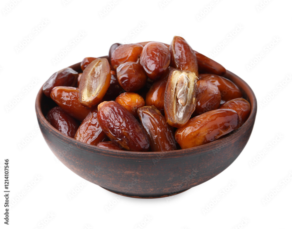Tasty dried dates in bowl isolated on white Tasty dried dates in bowl isolated on white