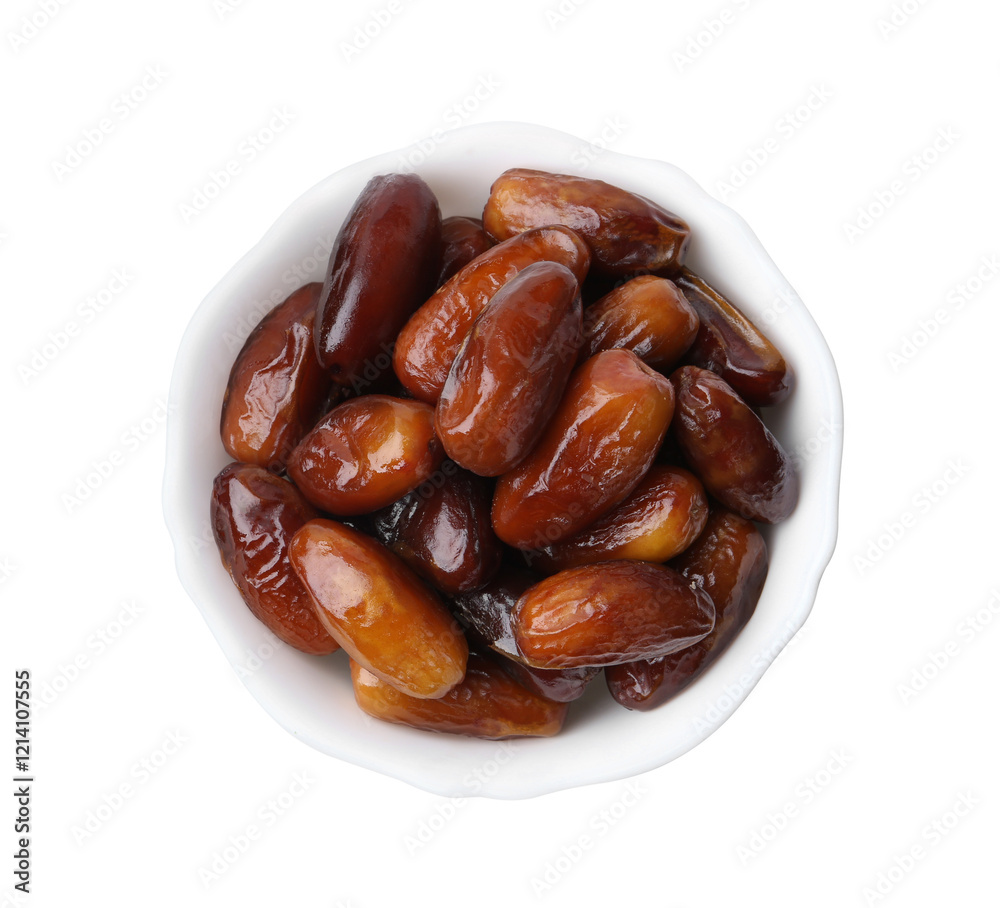 Tasty dried dates in bowl isolated on white, top view Tasty dried dates in bowl isolated on white, top view