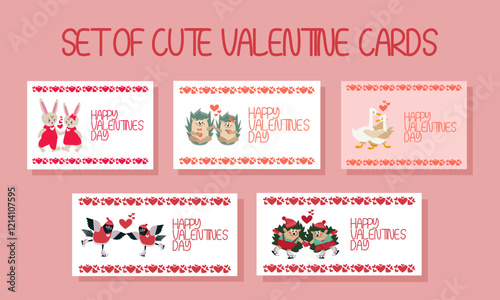 Set of horizontal cards with cartoon hedgehogs, geese, bullfinches and rabbits in love and the inscription happy valentine's day for the design of cards, banners, invitations