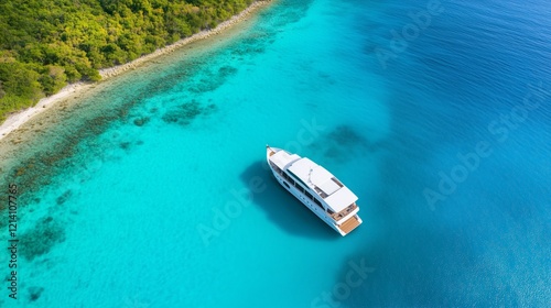 Wallpaper Mural Tranquil yacht anchored in a secluded bay surrounded by clear blue waters and lush greenery during a sunny day Torontodigital.ca