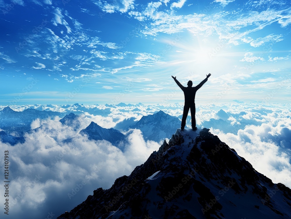 A Figure Triumphantly Celebrating at the Summit of a Mountain with Arms Raised Against a Stunning Sky Filled with Clouds and Rays of Sunlight A Figure Triumphantly Celebrating at the Summit of a Mountain with Arms Raised Against a Stunning Sky Filled with Clouds and Rays of Sunlight